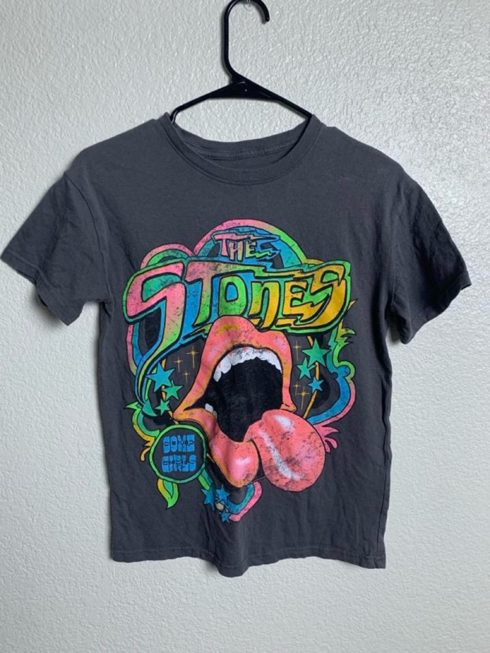the Rolling Stones Black Tee with Neon Multicolor Tongue Graphic